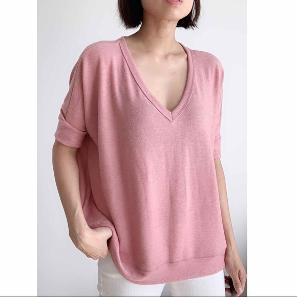 CHICBOMB Tops - SOFT FLEECE V NECK DOLMAN TOP - DUSTY PINK